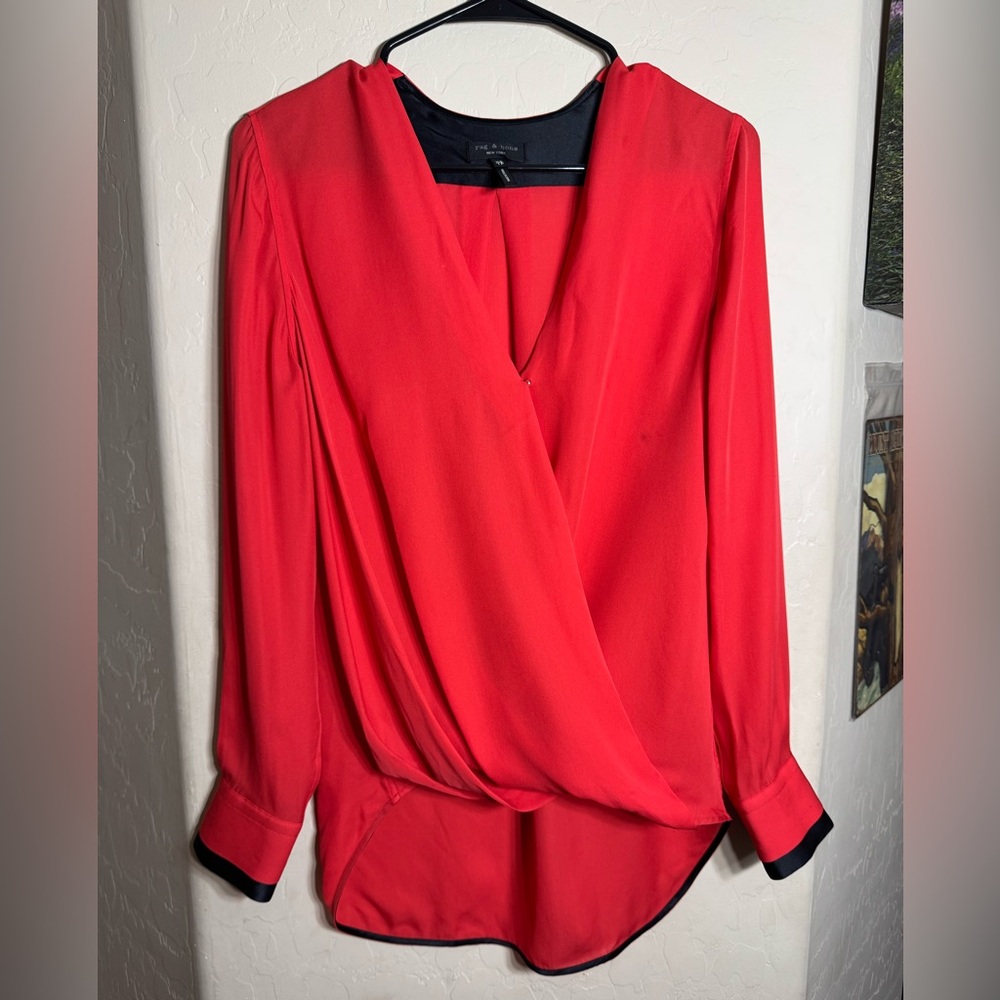 rag & bone 100% Silk Orange Wrap Blouse XS Black Trim Long Sleeve Drape Top